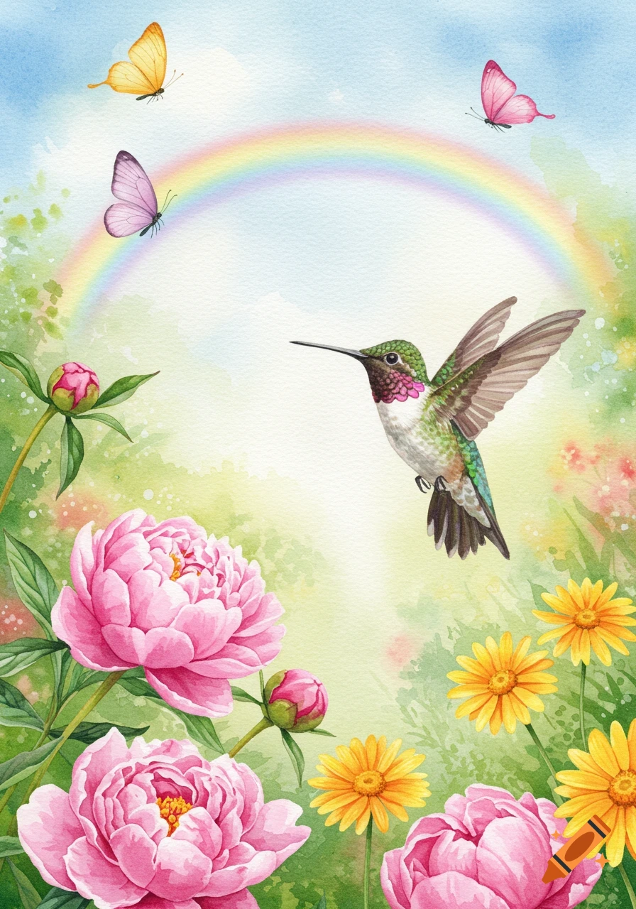 Watercolor painting of a hummingbird flying in a vibrant garden with pink peonies, yellow flowers, butterflies, and a rainbow.