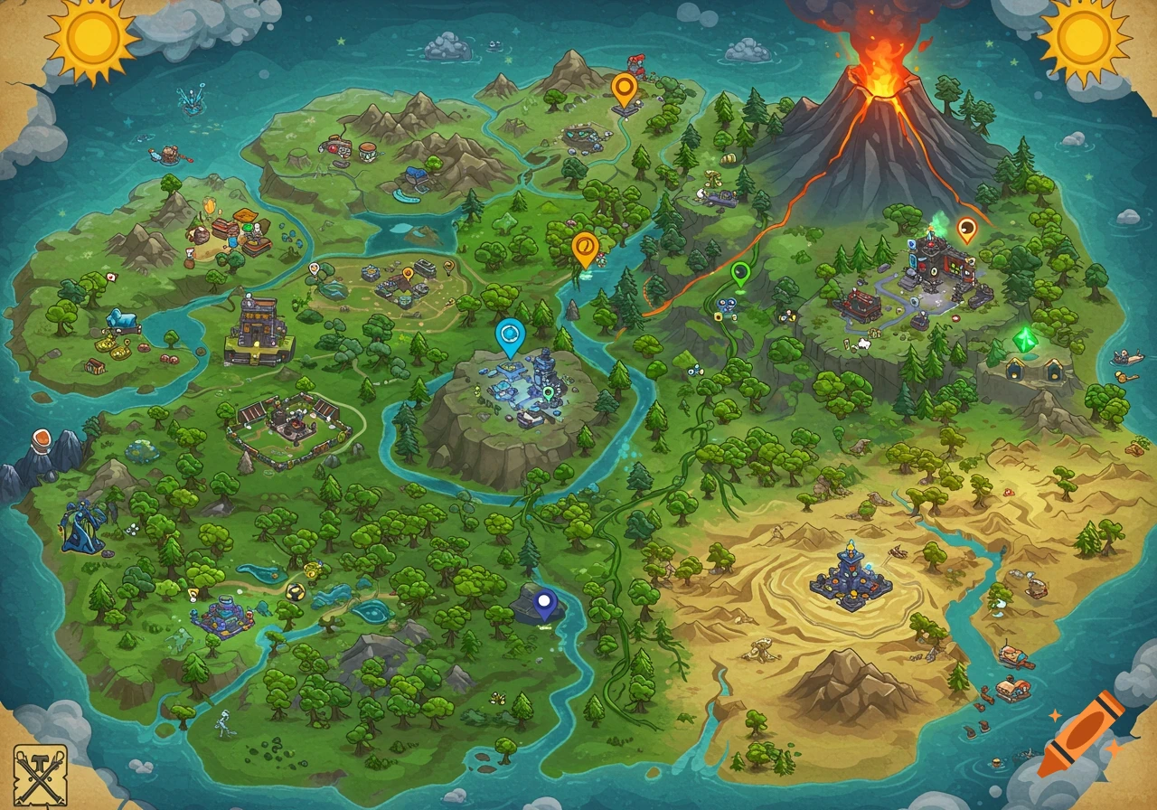 Colorful isometric cartoon map of a diverse island with settlements, rivers, forests, deserts, and a volcano, in a Fortnite style.