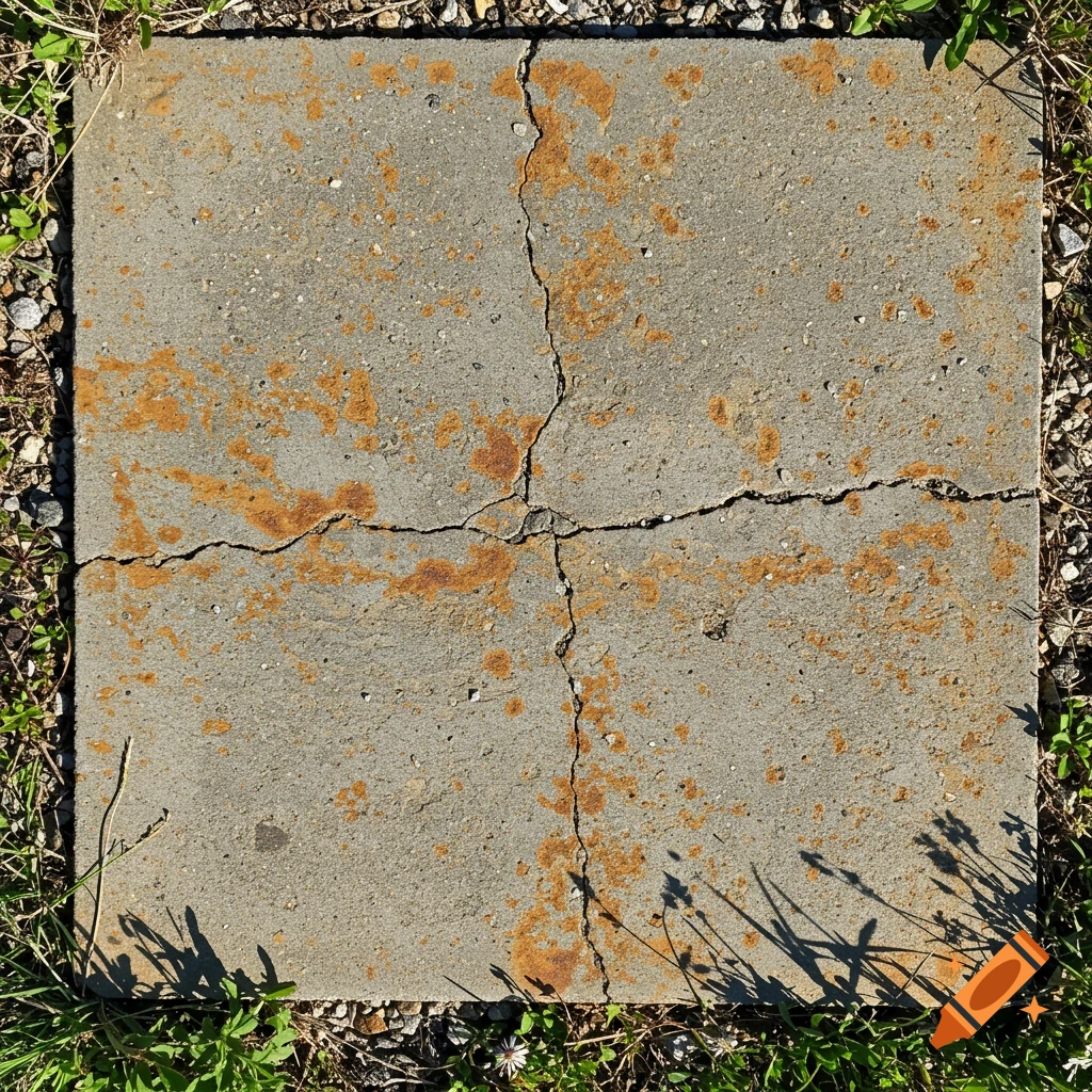 Top-down view of a square, cracked, and rusted concrete pad surrounded by grass and small rocks.