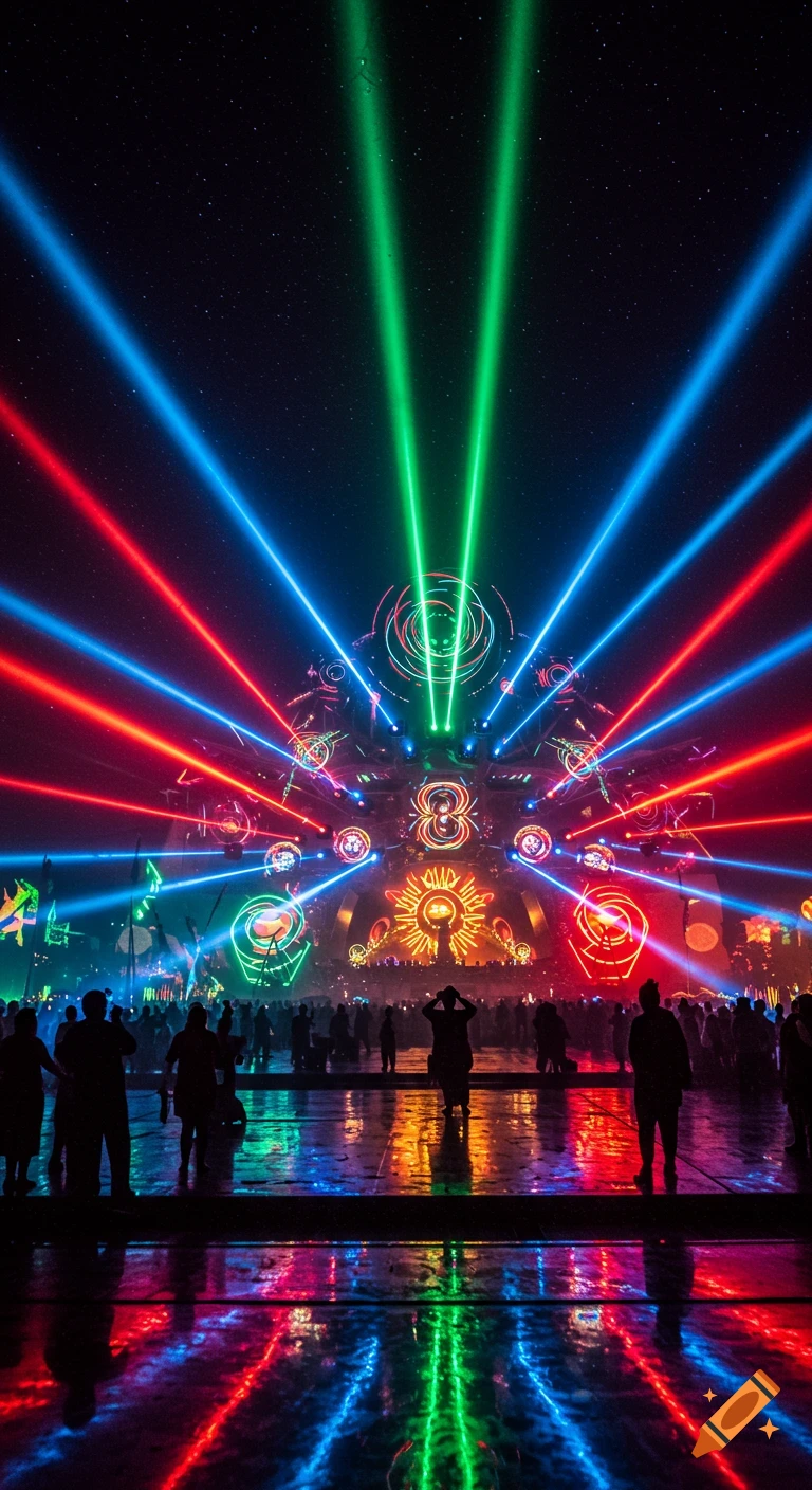 A vibrant light show illuminates a crowd with red, blue, and green lasers reflecting on a wet ground in front of a large stage.