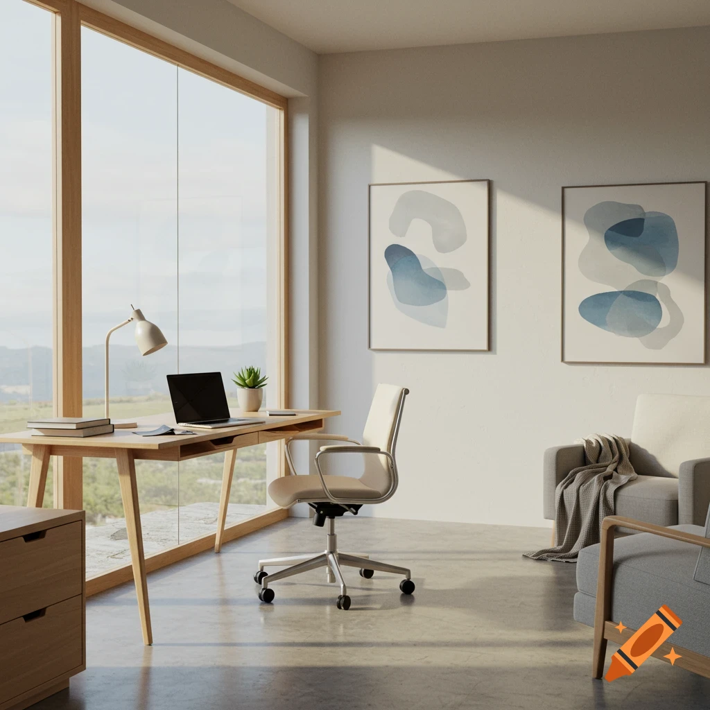 A modern home office with a wooden desk, office chair, laptop, and abstract art by a large window overlooking a landscape.