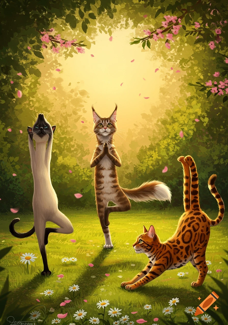 Three whimsical cartoon cats doing yoga poses in a sunny, flower-filled forest clearing with pink petals and daisies.