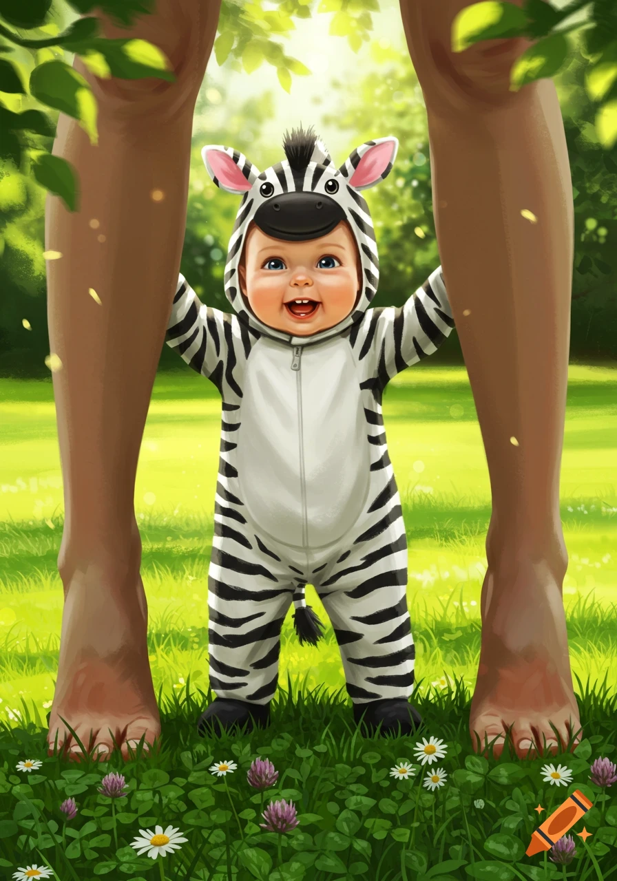A smiling baby in a zebra costume with two front teeth stands between adult legs in a sunny, grassy field with flowers, in an illustration style.