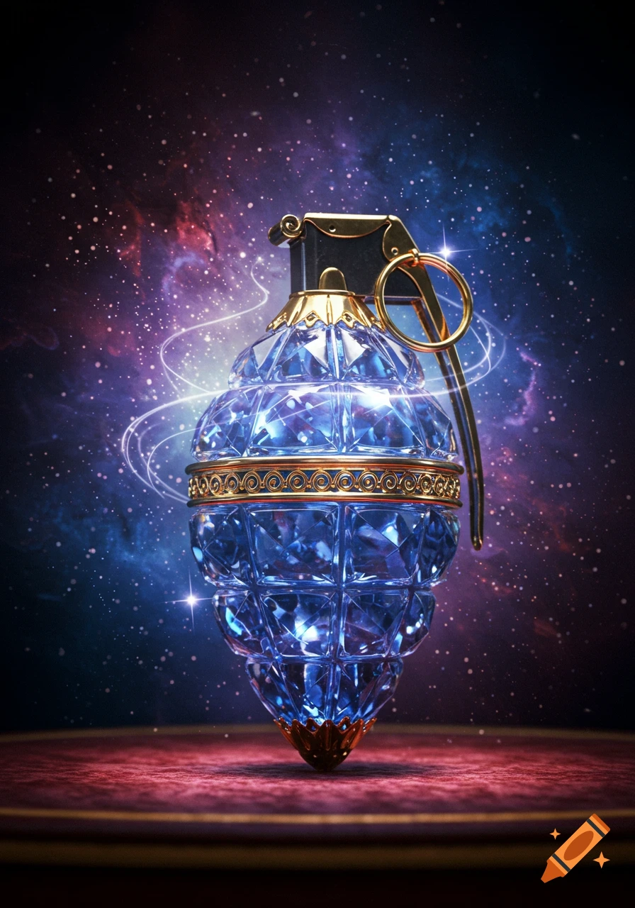 A stylized grenade made of faceted blue crystal and gold sits on a red velvet surface, glowing with energy against a starry galaxy background.