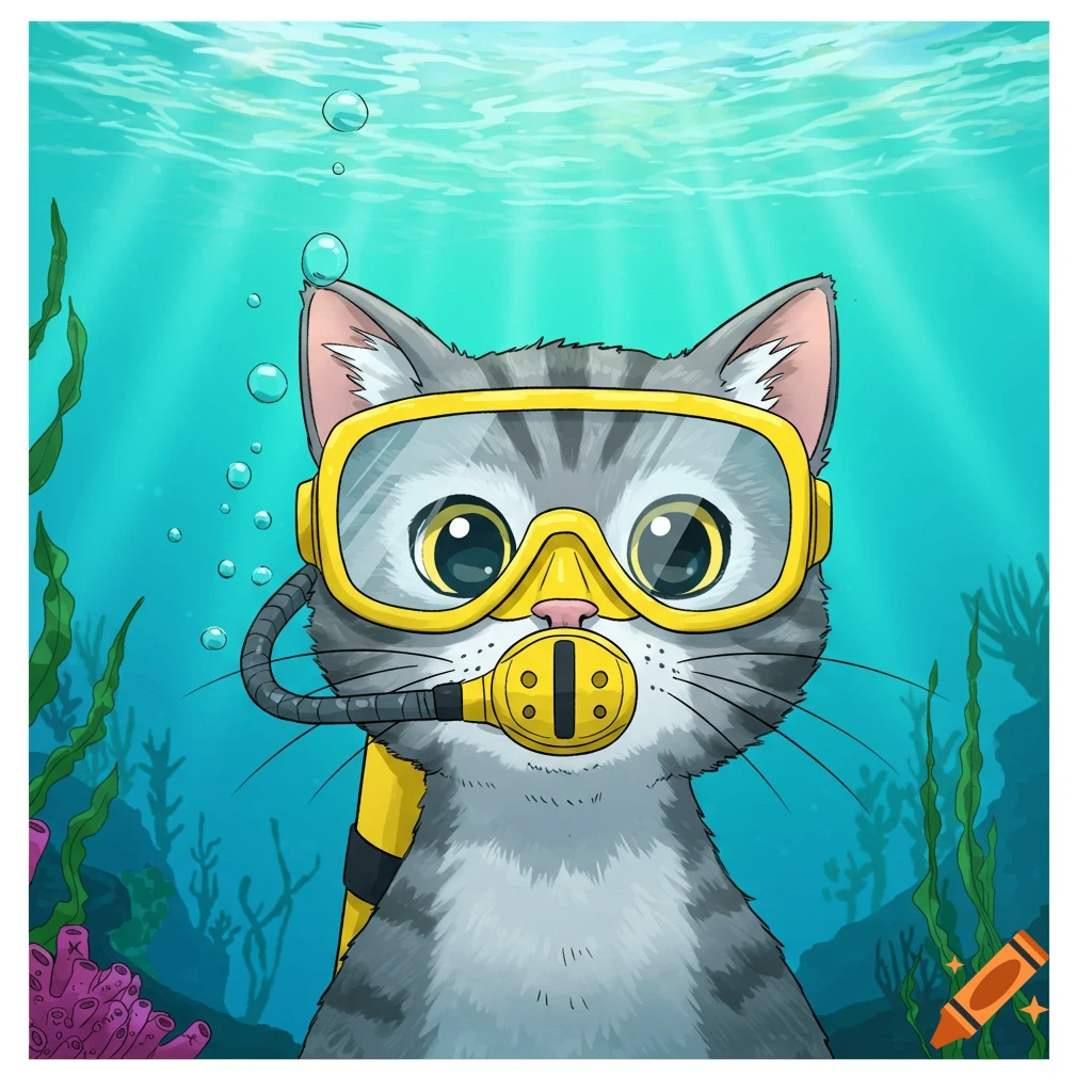 A cheerful cartoon grey tabby cat with large eyes wears yellow scuba goggles and a snorkel, looking forward underwater amidst coral and seaweed.