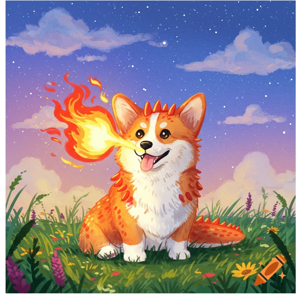 A cartoon corgi with dragon-like scales and spikes sits in a flowery field, breathing a stream of fire from its mouth under a starry sky.