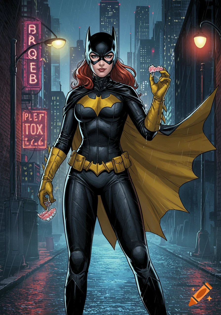Batgirl in a black and yellow suit and cape stands in a rainy city street at night, holding a pair of dentures.