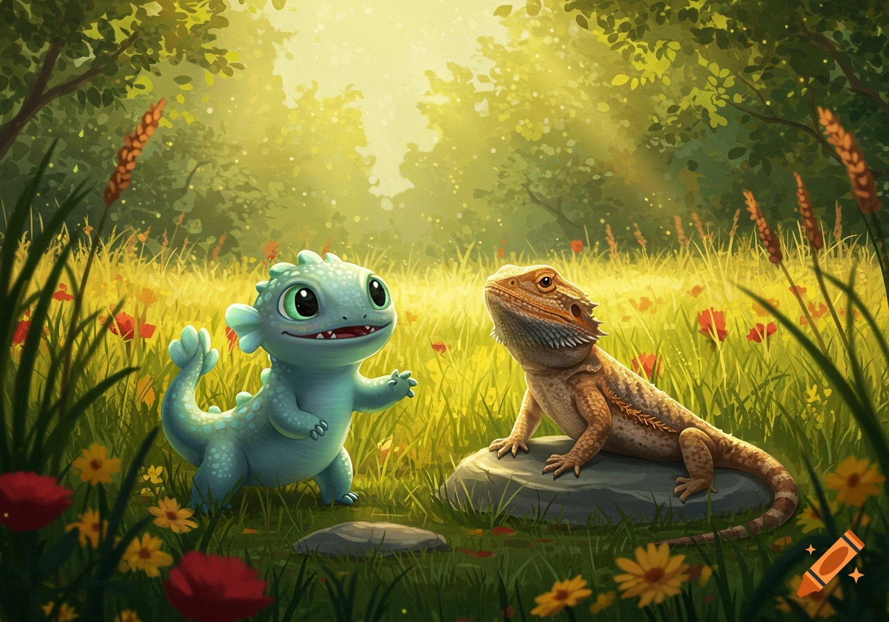 A cute blue cartoon dragon stands next to a realistic bearded dragon on a rock in a sunny, green forest with wildflowers.