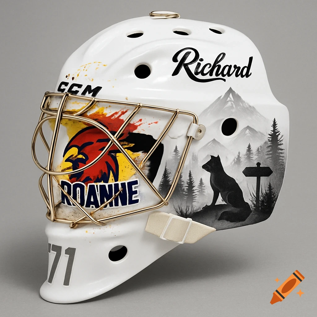 A white hockey goalie mask with custom artwork: a Roanne club logo with paint splatters, 'Richard' text, '71' on the chin, and a black and white mountain, forest, fox, and hiking sign scene.