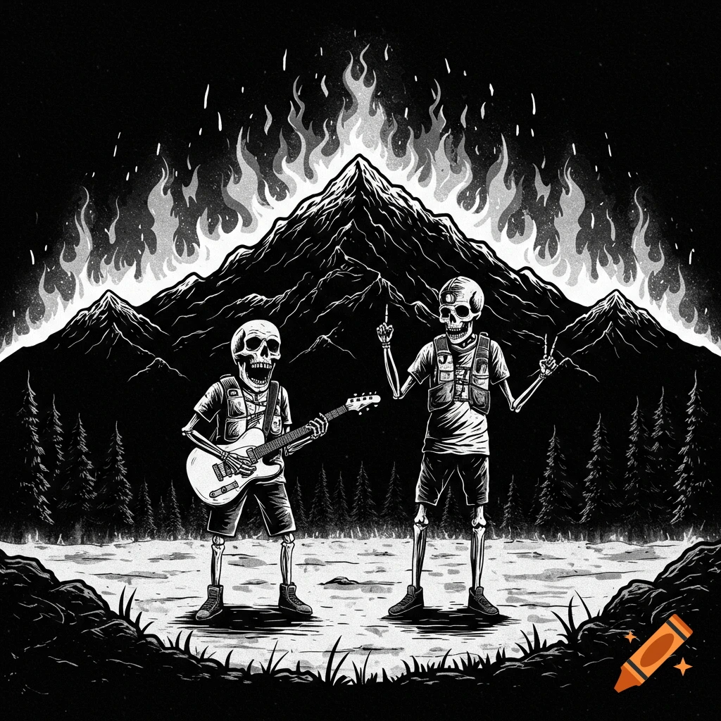 Two skeletons, one playing a guitar and another making a peace sign, in a monochromatic landscape with mountains and flames.