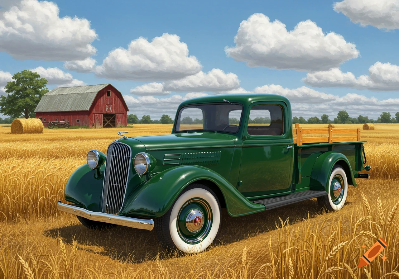 A green vintage pickup truck with white wall tires in a golden wheat field. A red barn and hay bales are in the background.
