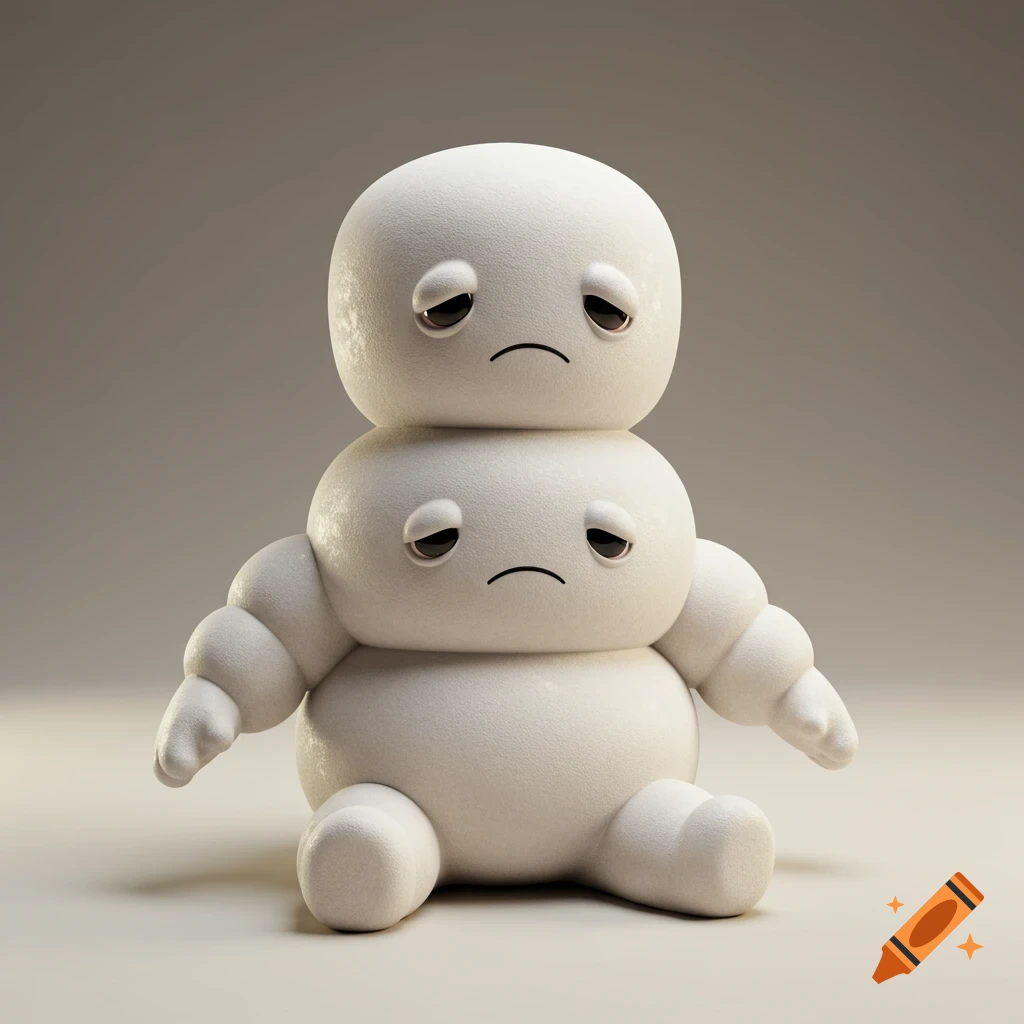 A sad, plush, white marshmallow-like character, resembling the Michelin Man, with droopy eyes and a frown, rendered as a digital illustration.