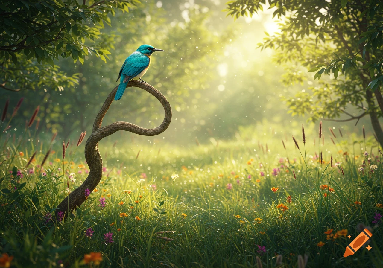 A vibrant blue bird perches on a twisted branch in a sun-dappled meadow with wildflowers, captured in a photorealistic style.