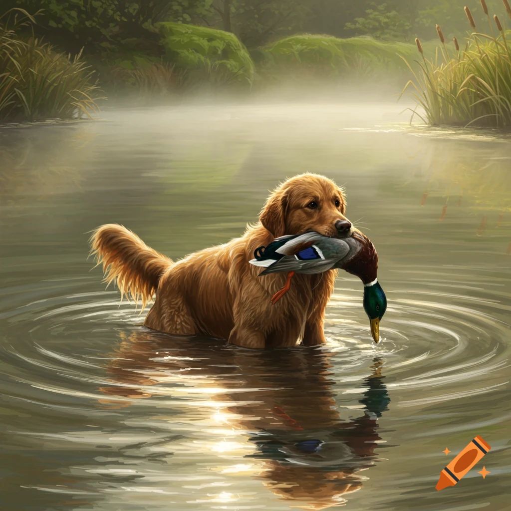 A golden retriever stands in misty water, holding a mallard duck in its mouth, in a painterly style.