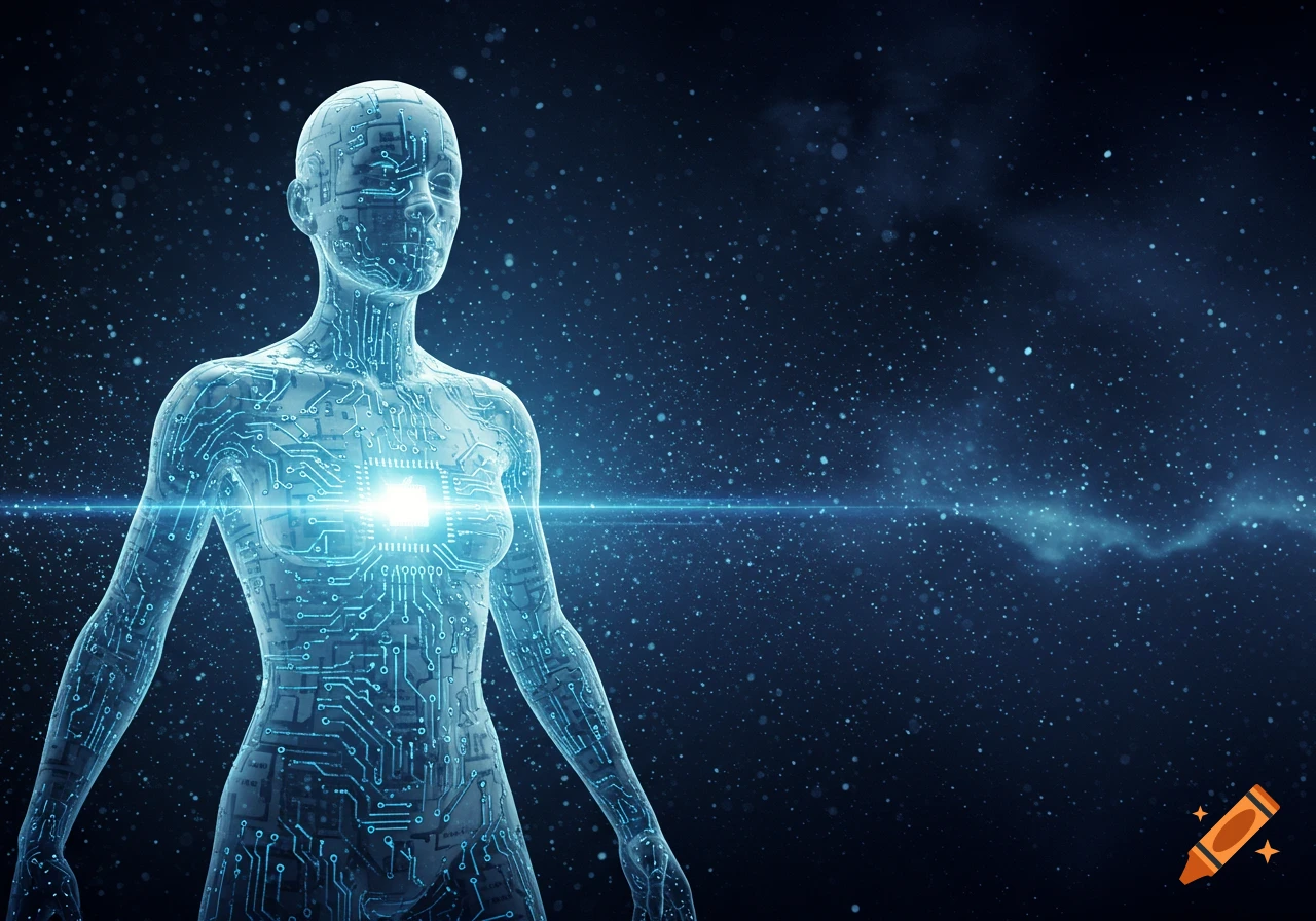 A translucent, glowing, human-like figure made of circuit patterns with a bright core, set against a dark, starry digital background.