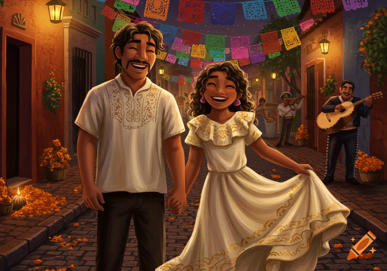 A happy couple dances down a vibrant street at night, adorned with papel picado and marigolds, with musicians. Illustrated.