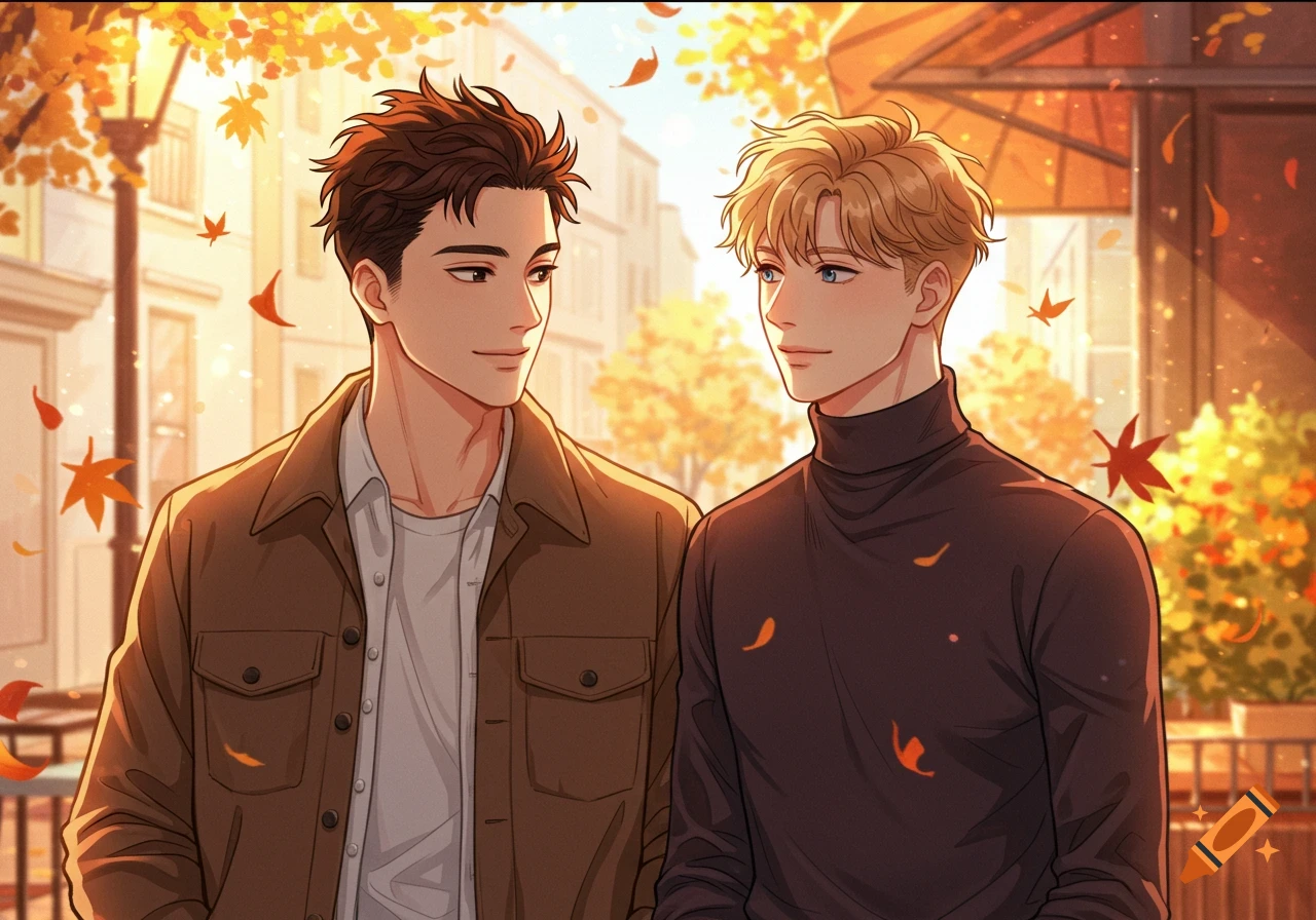 Two young men in anime style gaze at each other on an autumn street with falling golden leaves and warm light.