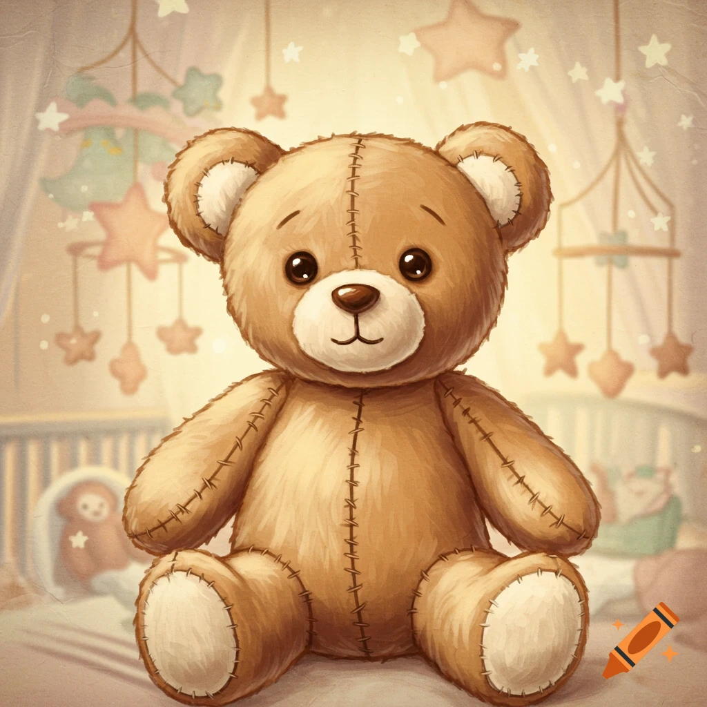 A cute, brown stuffed teddy bear sits in a soft, warmly lit nursery with star and moon mobiles.