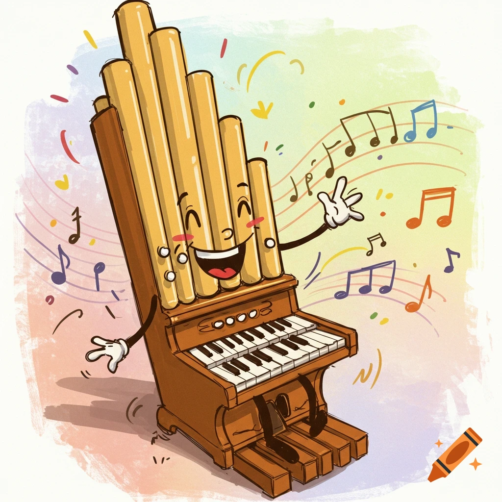 Cheerful cartoon pipe organ with a happy face, arms, and legs, surrounded by colorful musical notes and confetti.