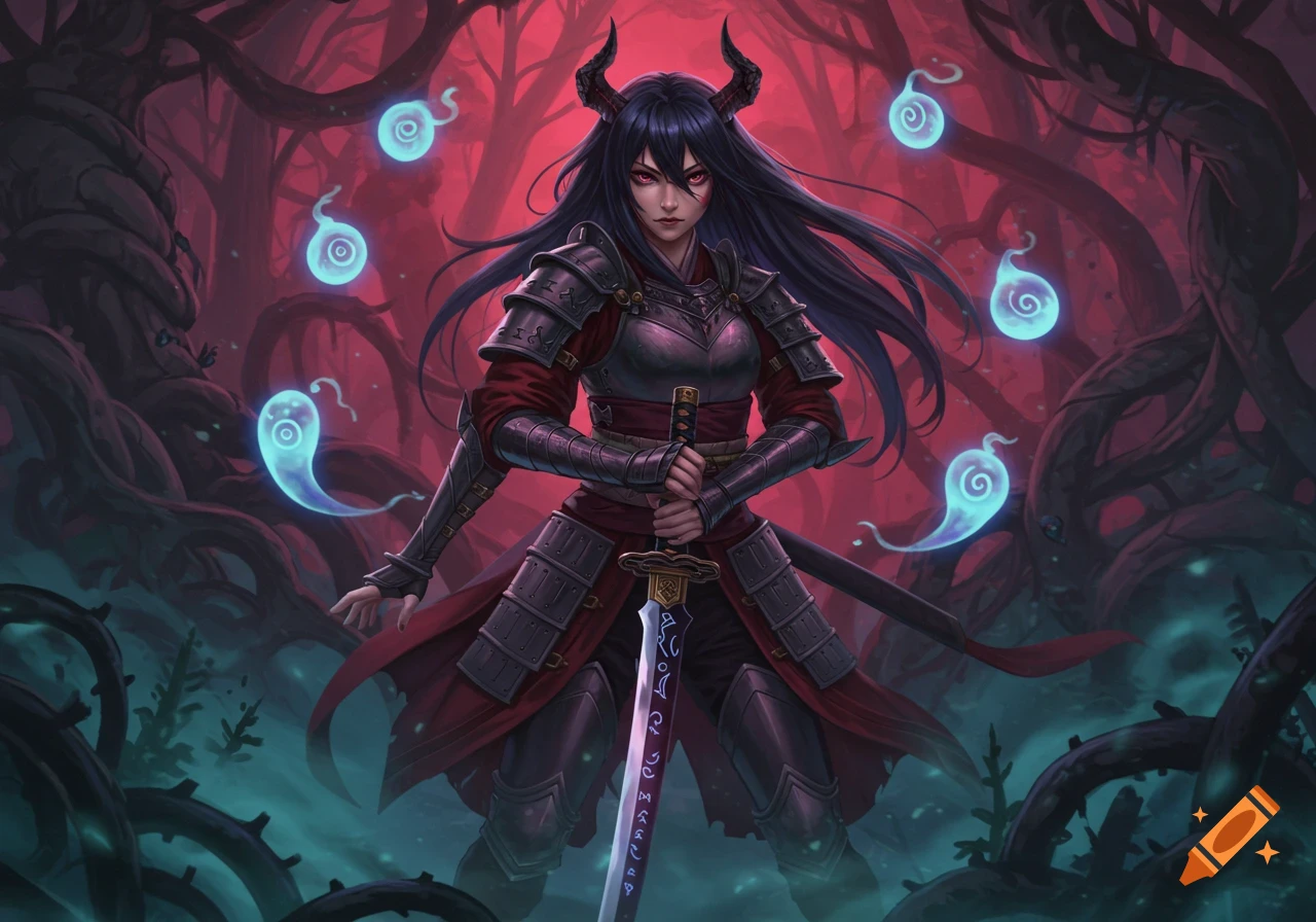 A fierce demon girl in samurai armor holds a glowing sword, surrounded by blue spirits in a dark, thorny forest with a red sky.
