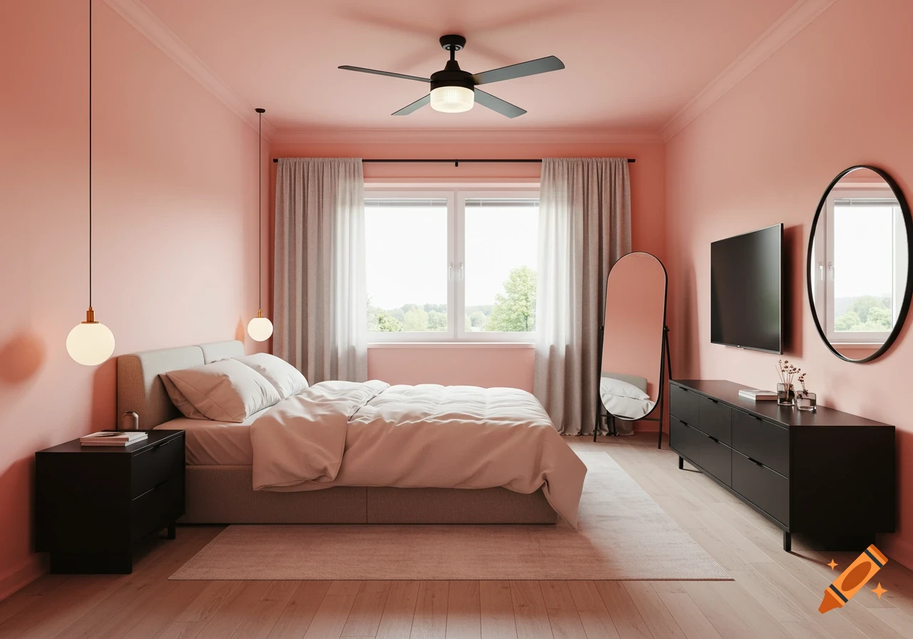 A modern coral pink bedroom features a queen bed with cream bedding, black nightstands, a large window with grey curtains, a black dresser with a TV, and an oval mirror.