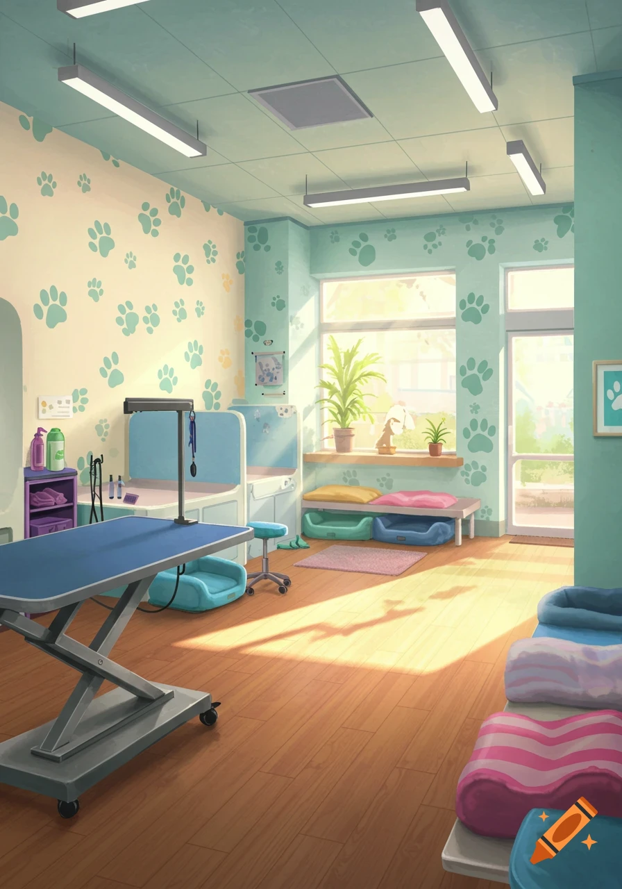 Brightly lit cartoon dog grooming salon with paw print wallpaper, grooming table, bathing station, and pet beds.