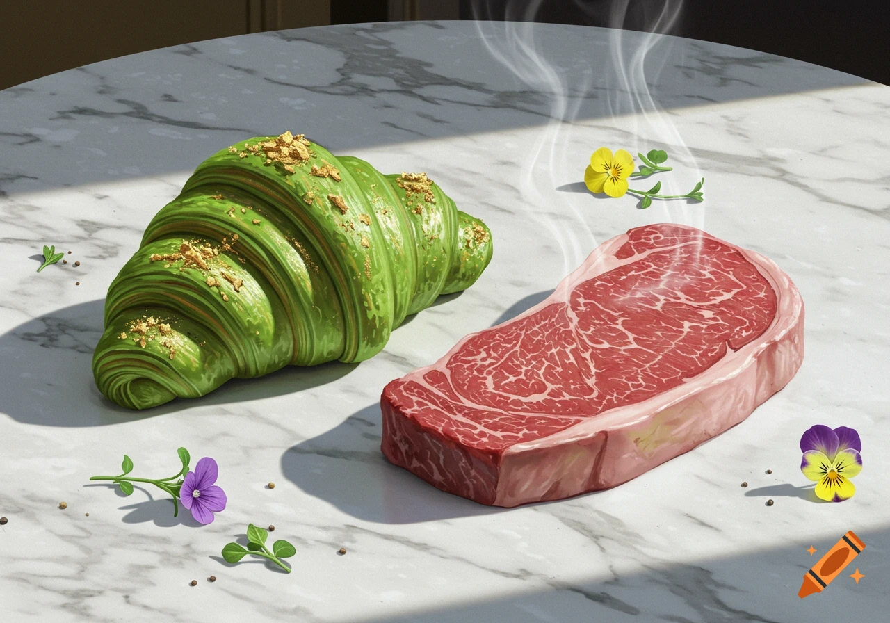 A vibrant green croissant with golden sprinkles sits beside a steaming raw red steak on a white marble table, adorned with small purple and yellow pansies and peppercorns.