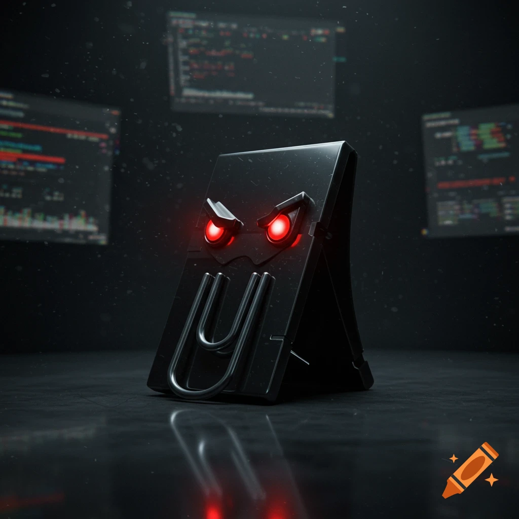 An evil, dark metallic paperclip character with glowing red eyes sits in front of blurry computer screens displaying code, in a dark, moody setting.