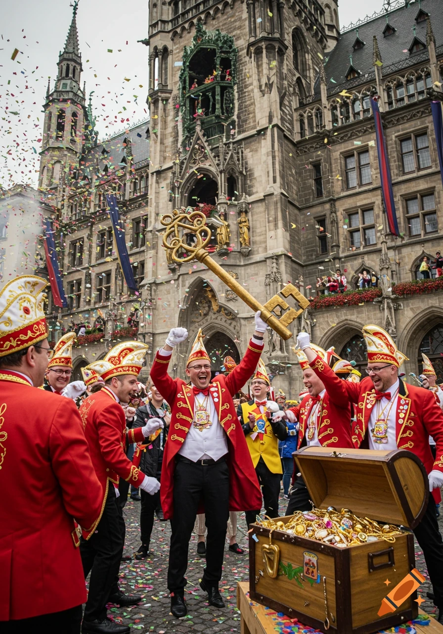 Carnival celebration with people in red costumes, one holding a giant golden key, in front of a historic city hall under confetti.