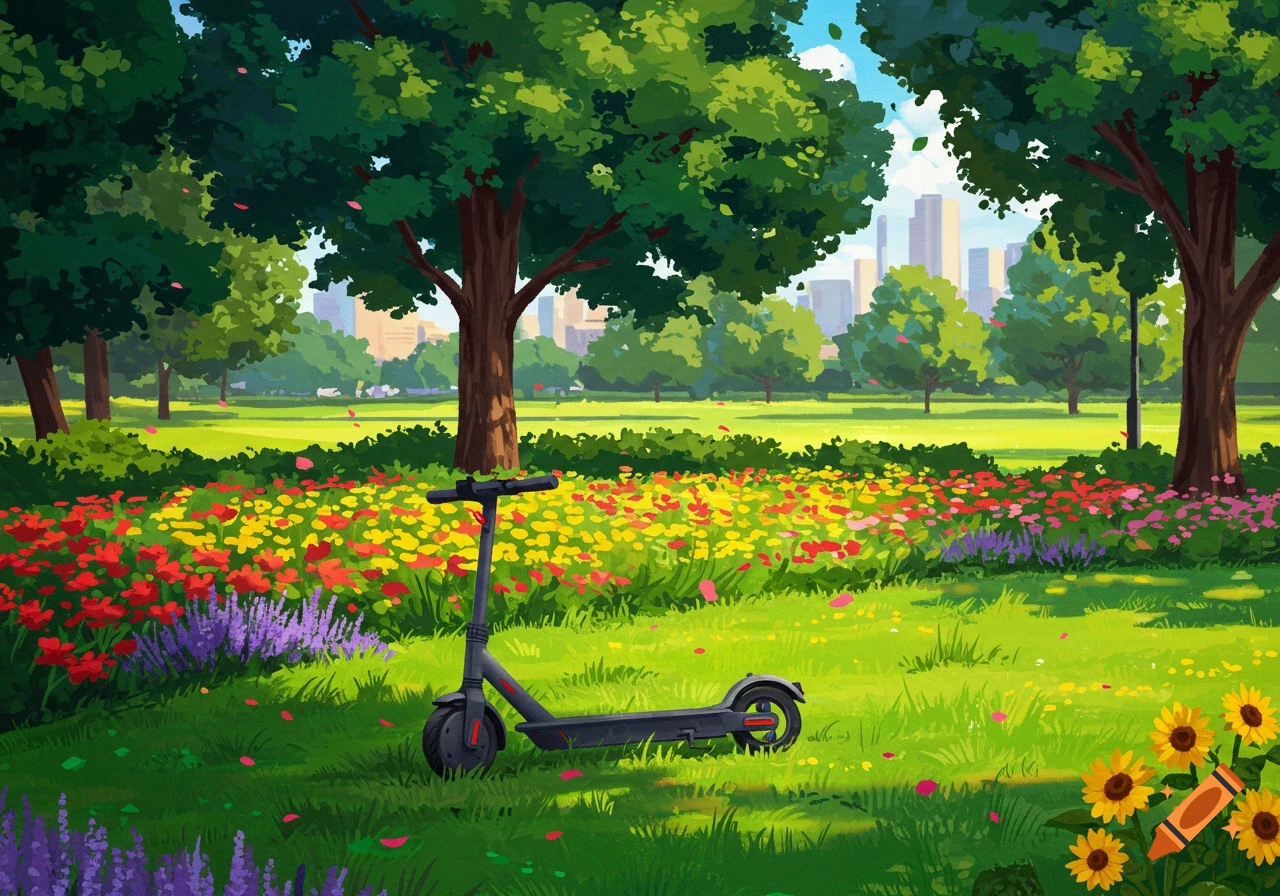 Digital painting of an electric scooter on a vibrant flowery lawn in a city park with trees and buildings in the distance.