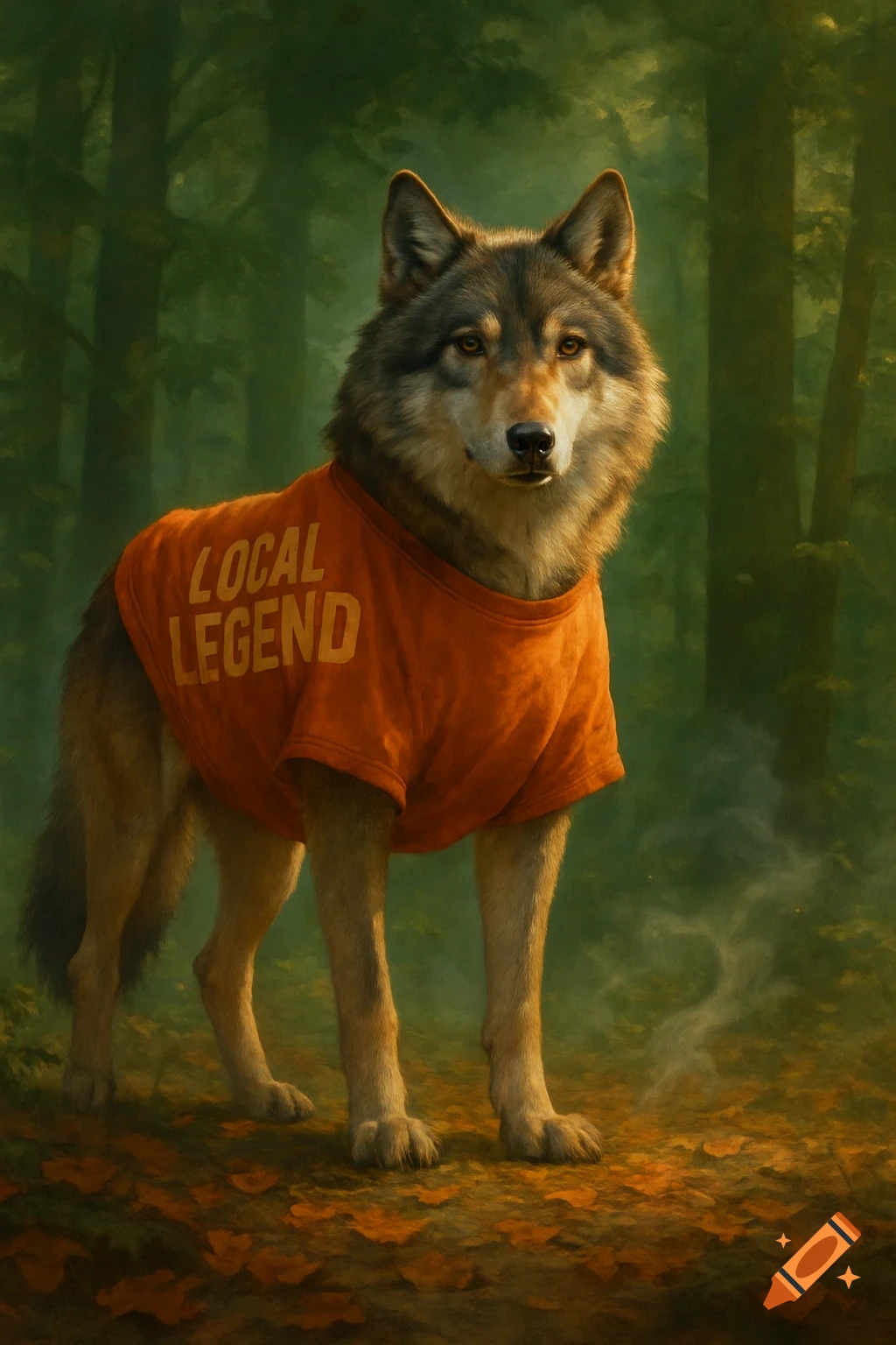 A photorealistic wolf wearing an orange T-shirt that says 'LOCAL LEGEND' stands in a lush green forest.