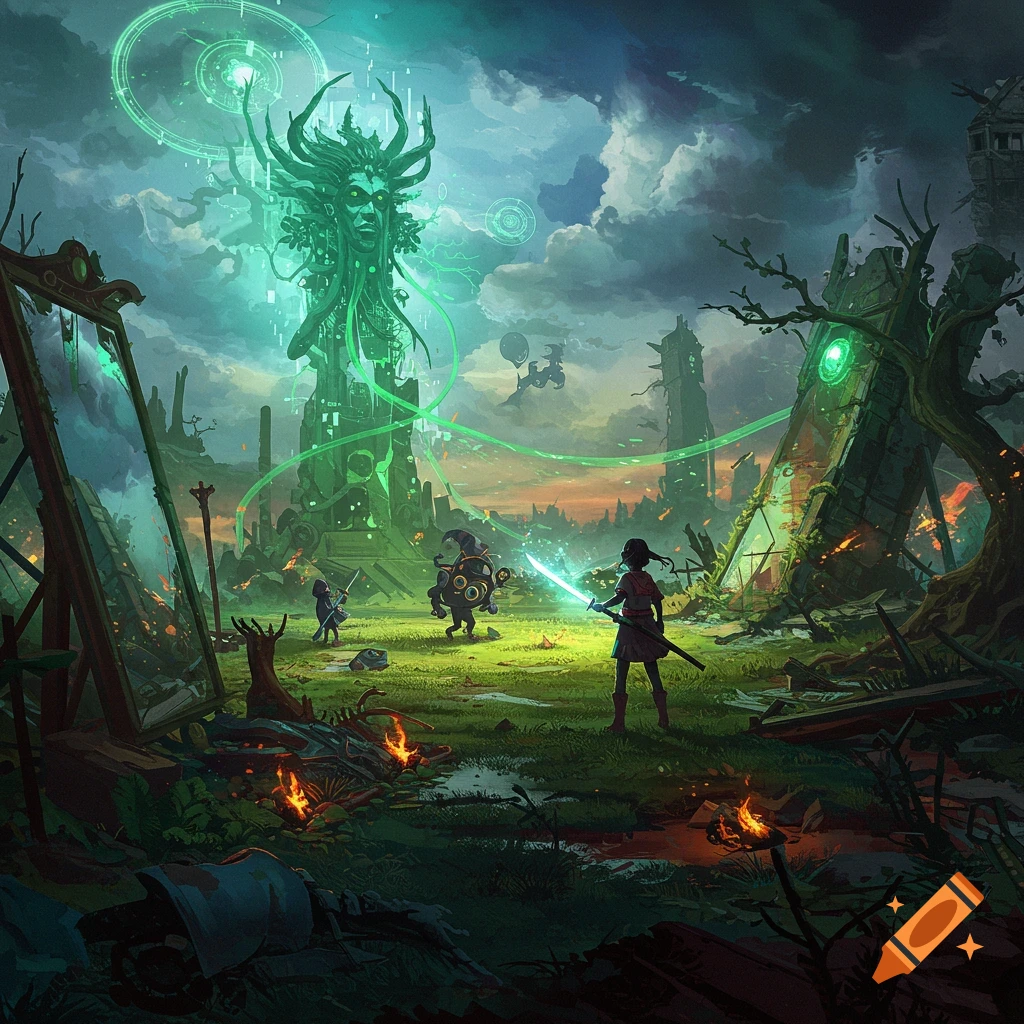 A stylized fantasy scene of a hero with a glowing sword battling creatures in a ruined landscape under a colossal green glowing deity.