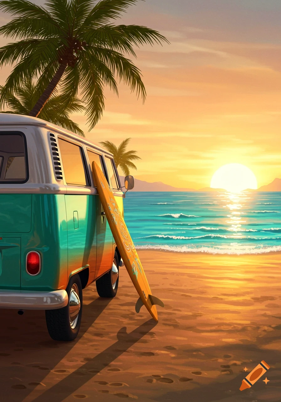 An illustrated scene of a vintage camper van with a surfboard on a sandy beach at sunset, with palm trees and ocean waves.