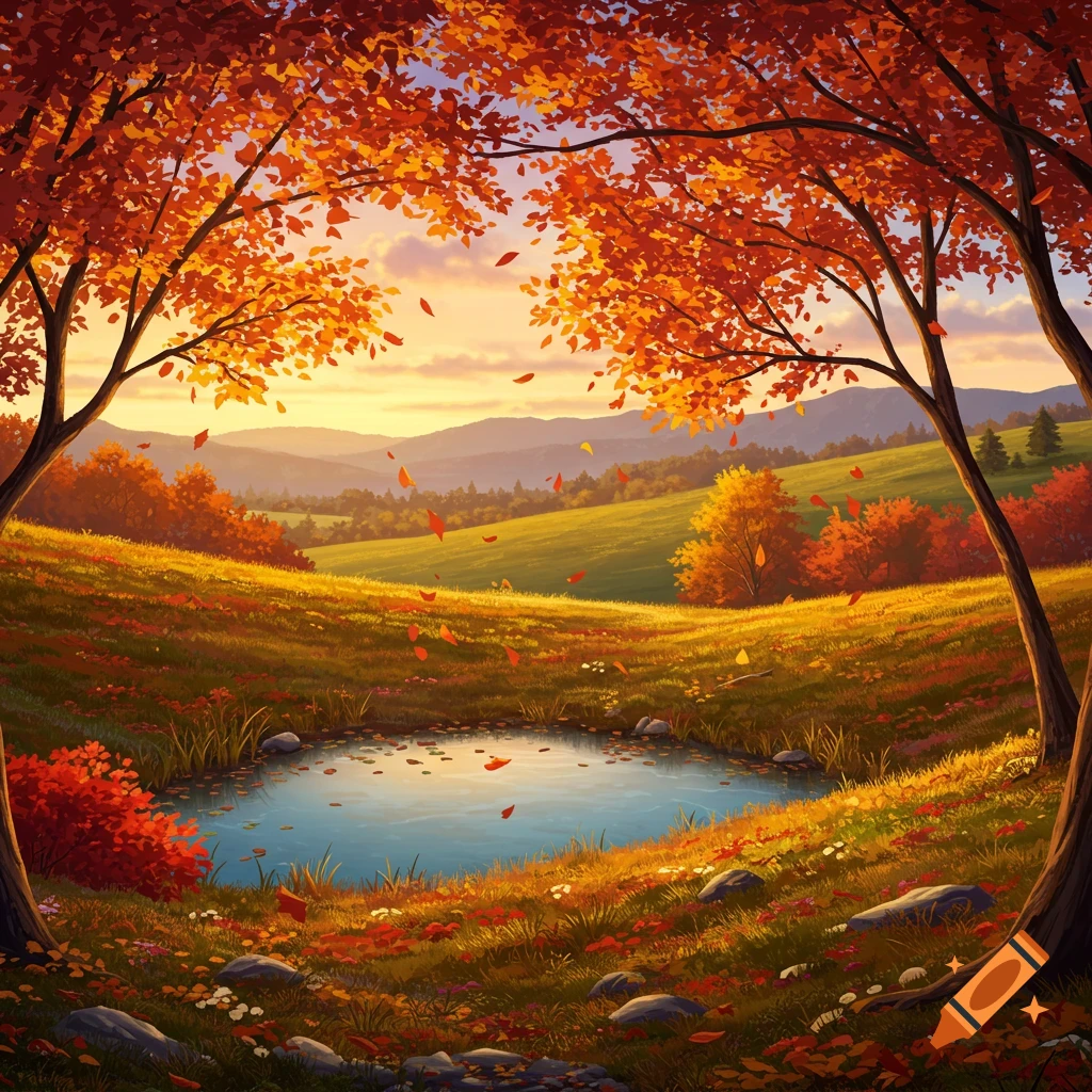 Vibrant autumn landscape with bright orange and red trees framing a pond, fallen leaves, and distant mountains under a warm sky.