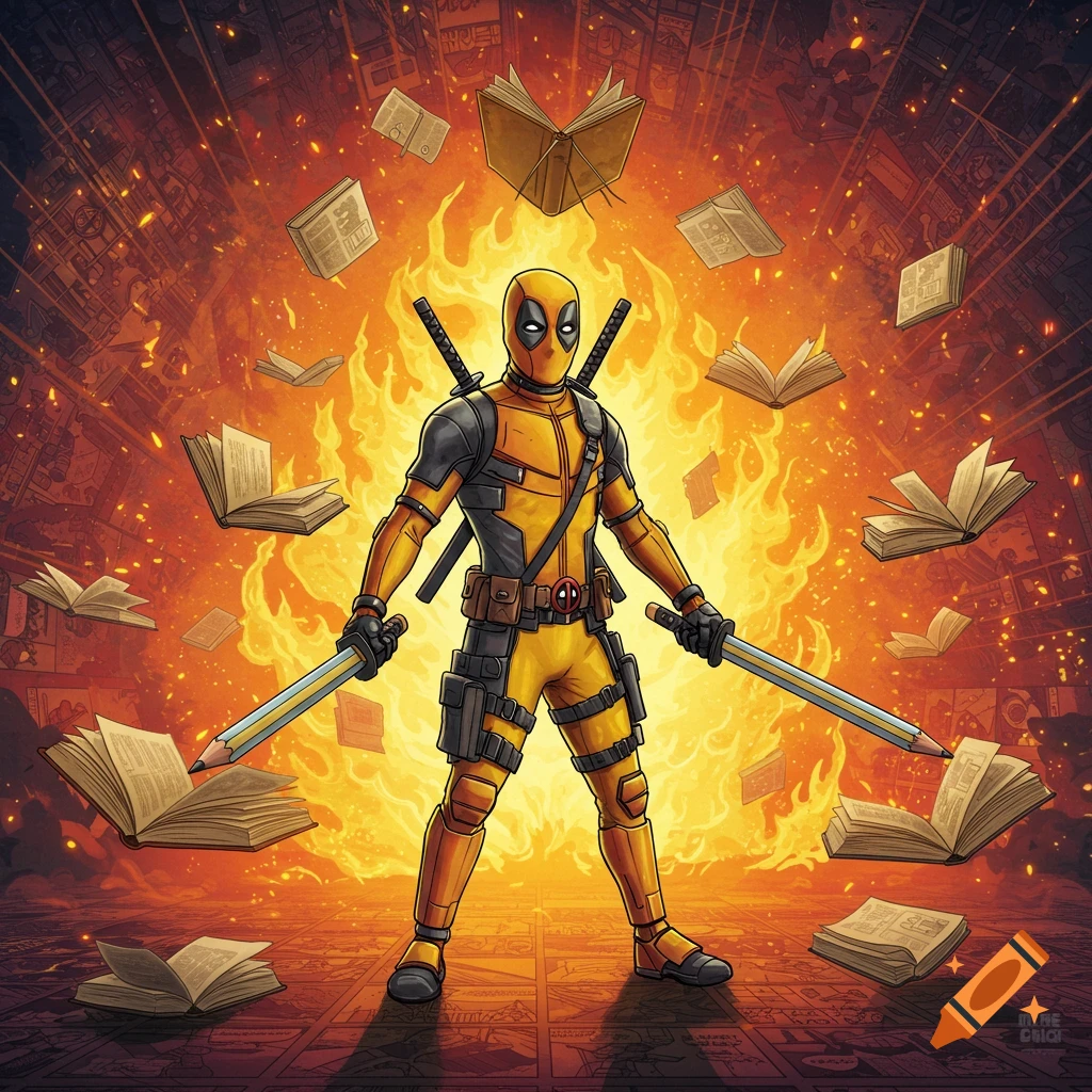 Deadpool in a yellow and black suit stands in front of a fiery explosion, holding pencil katanas. Books float around him in a comic book style.