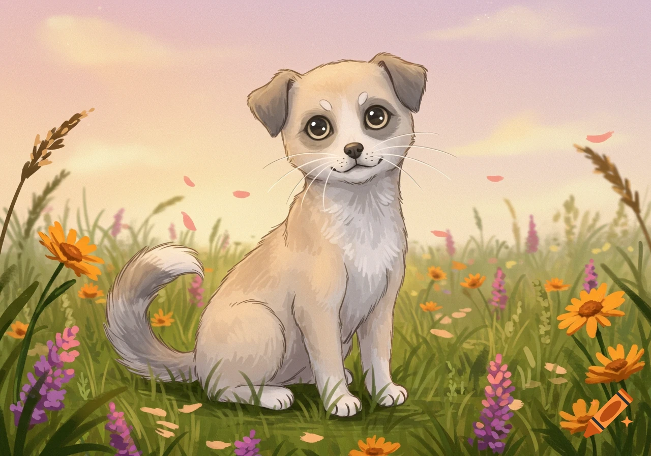 A cute, stylized dog-cat hybrid sits in a vibrant field of colorful wildflowers.