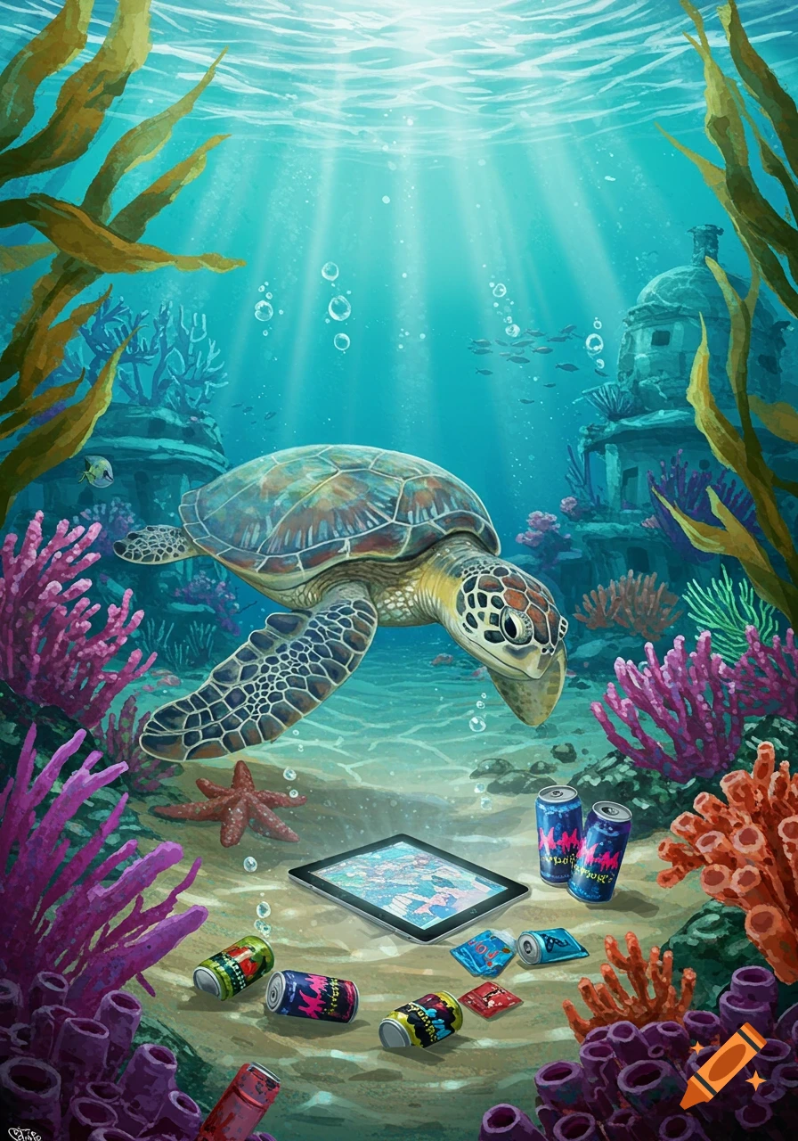 Watercolor illustration of a sea turtle swimming over an underwater garden with coral, seaweed, energy drink cans, and an iPad.
