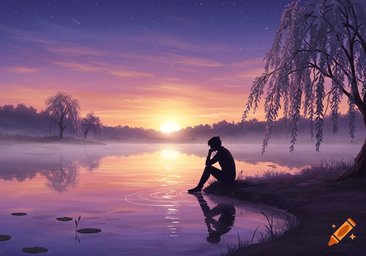 A lone silhouette sits by a calm lake at a purple and orange sunset, with willow trees and a starry sky, in a digital art style.