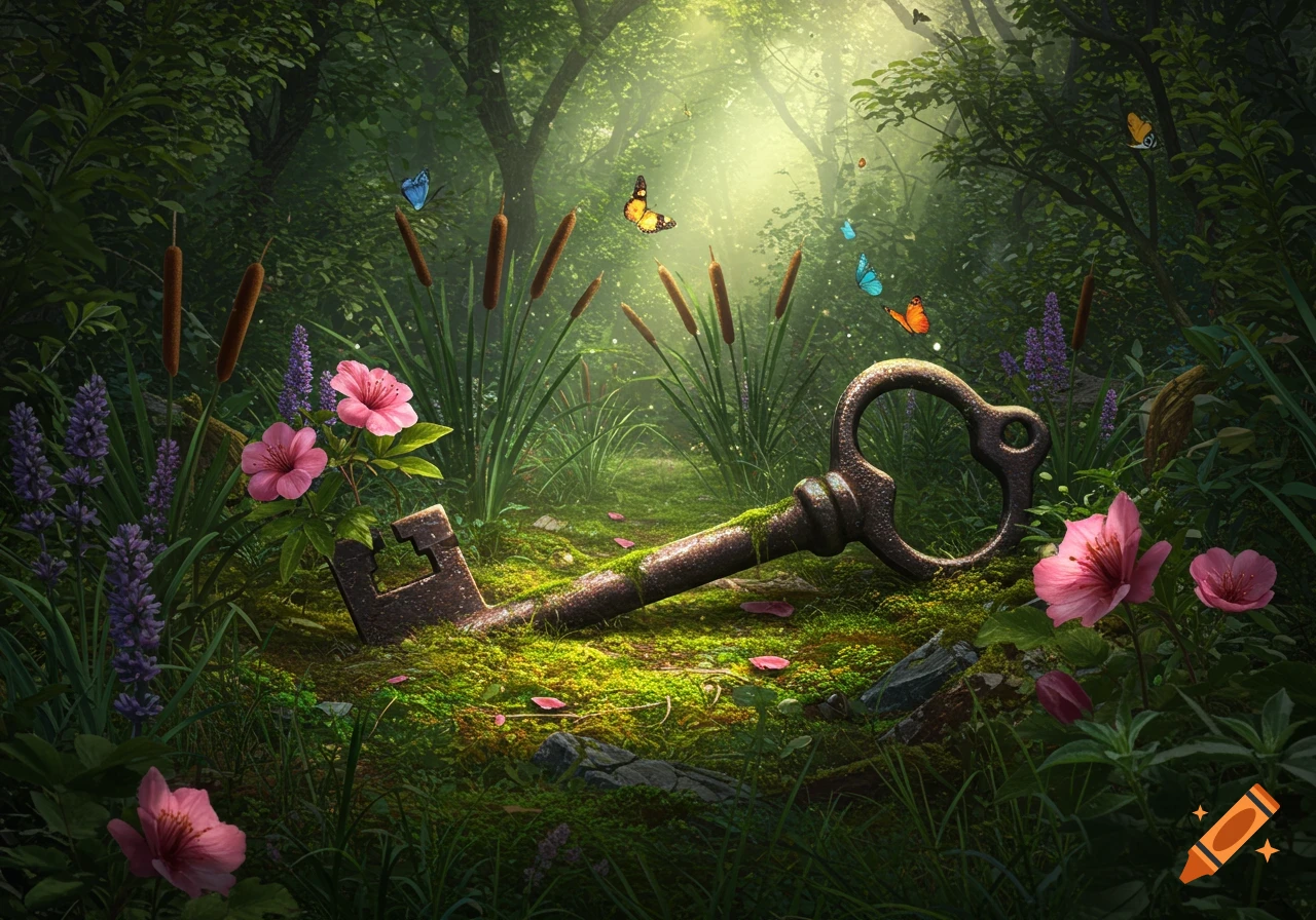 A large, mossy antique key lies on a vibrant, sunlit forest floor surrounded by colorful flowers and butterflies.