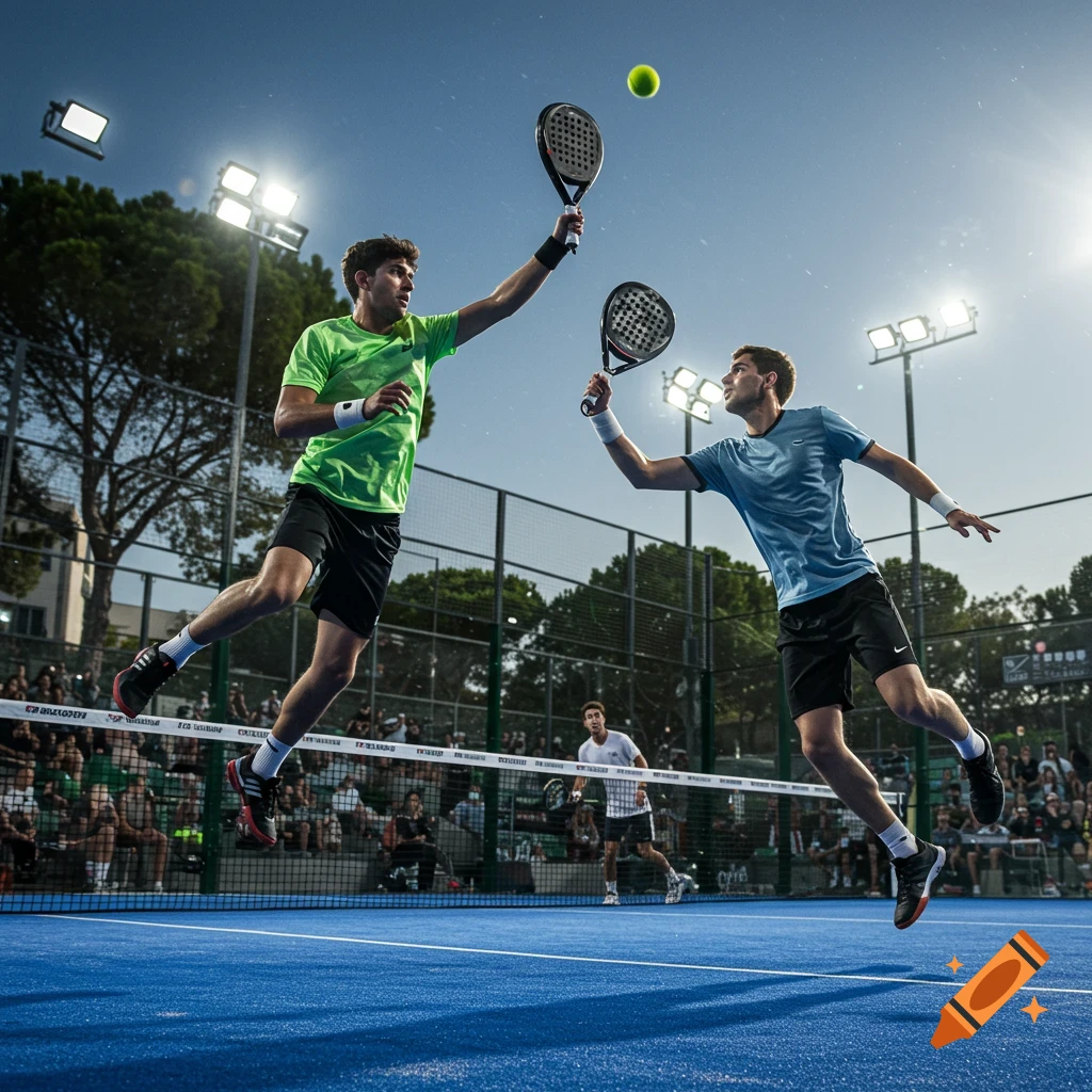 Two male padel players jump mid-air to hit a ball on a blue court, with stadium lights and spectators in the background.