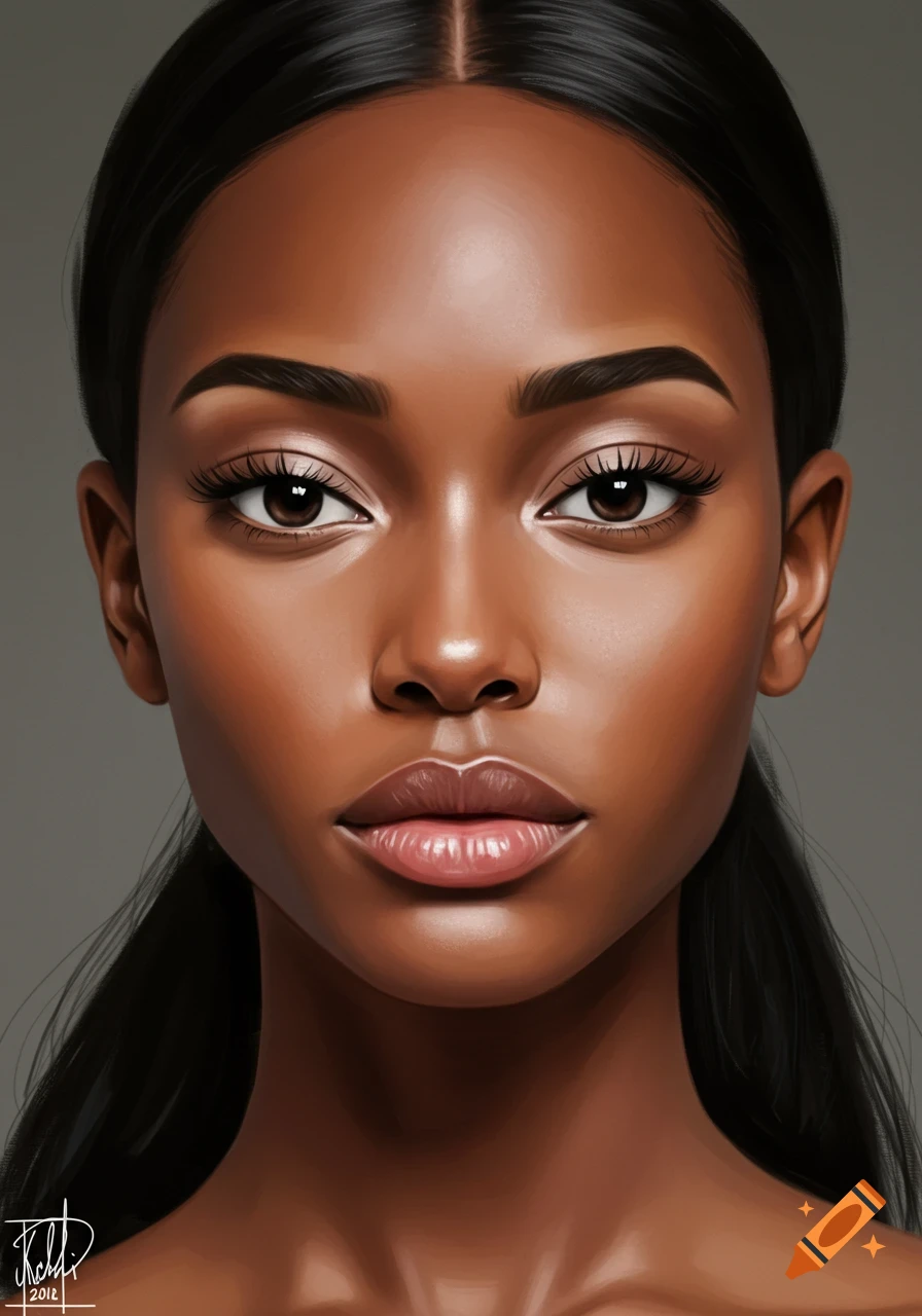 A close-up digital painting of a beautiful woman with dark skin, dark hair, large eyes, thick eyelashes, and full lips, looking directly forward.