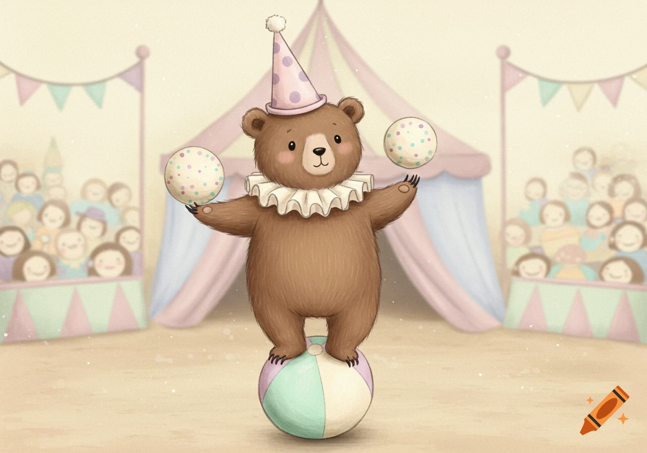 A cute brown circus bear wearing a party hat and ruffled collar, balancing on a ball while juggling, in a pastel illustration.