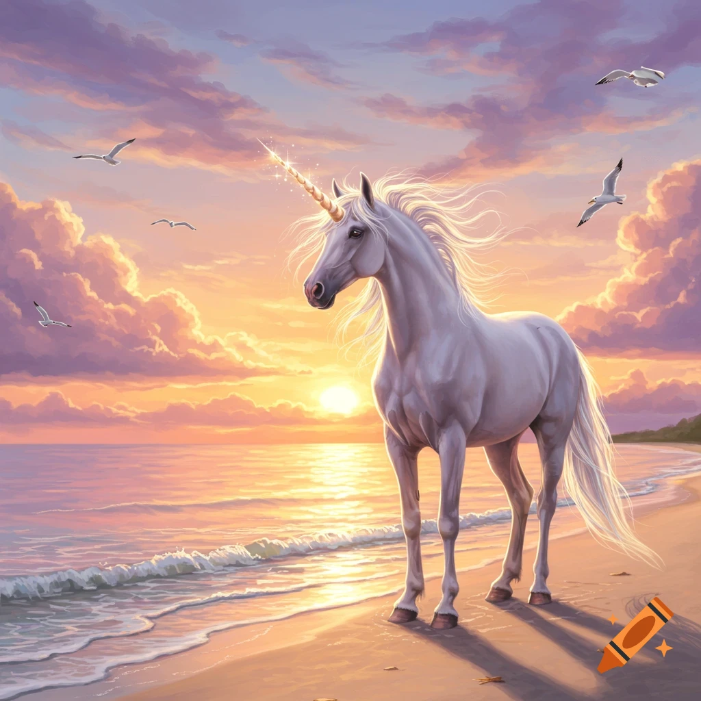 A white unicorn with a sparkling horn stands on a sandy beach at sunset, with waves gently rolling in and seagulls flying under a colorful sky.