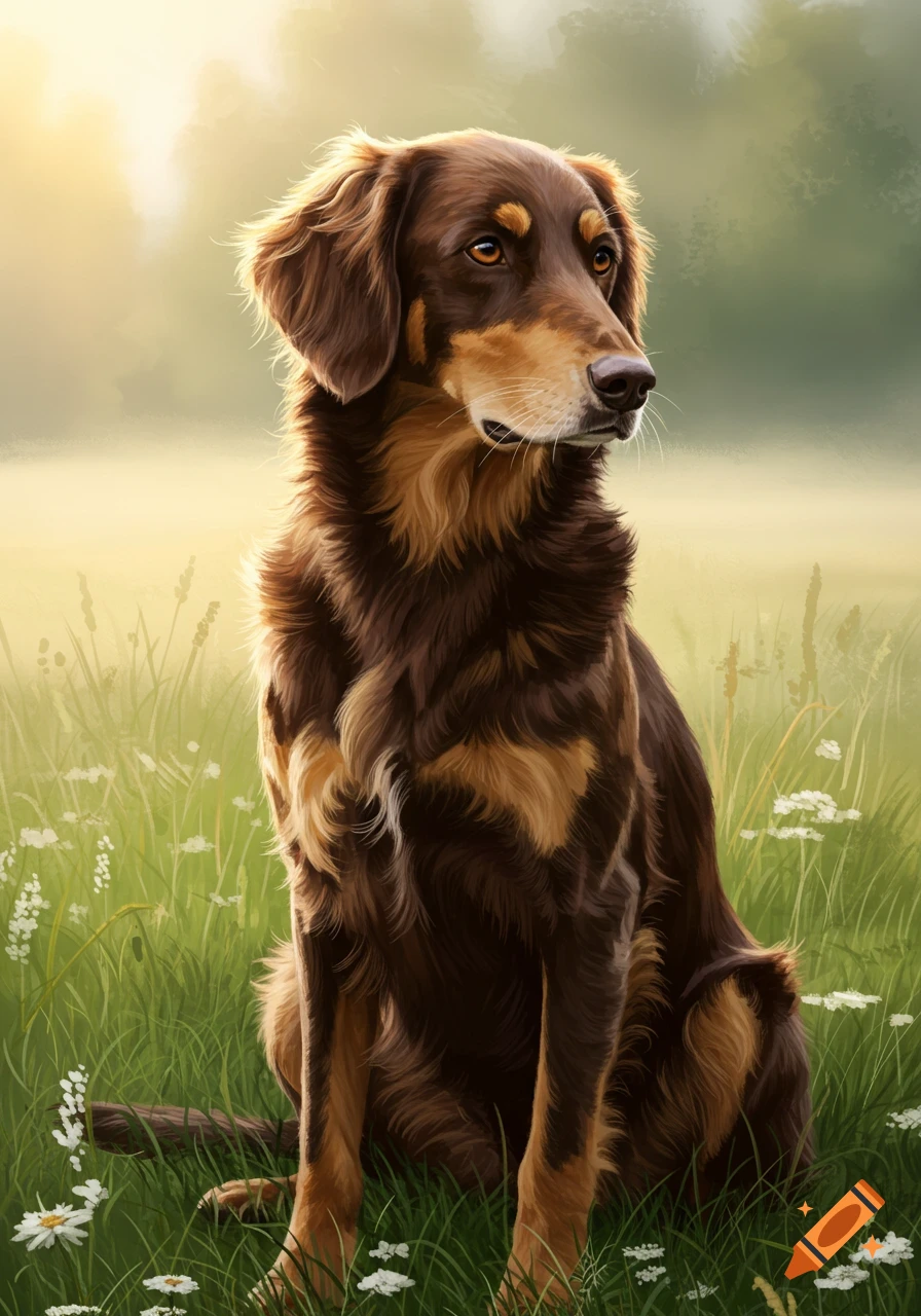 A brown and tan dog sits attentively in a sunlit grassy field with white wildflowers, rendered in a detailed painterly style.