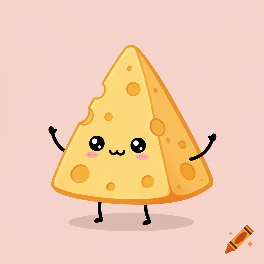 A cute, smiling 2D cartoon cheese wedge with tiny arms and legs on a pink background.