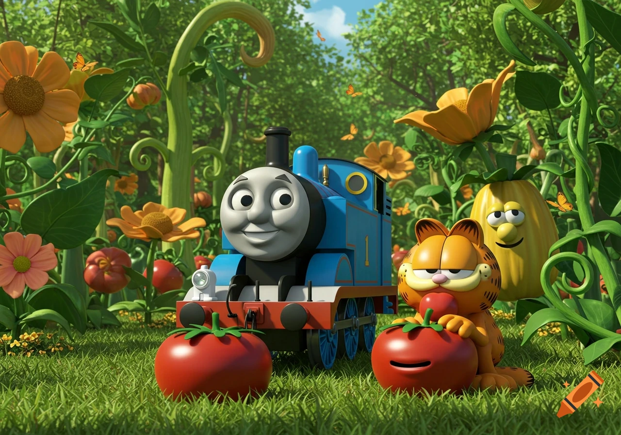 Thomas the Tank Engine and Garfield sit in a whimsical garden with a VeggieTales-like squash, interacting with cartoon tomatoes.