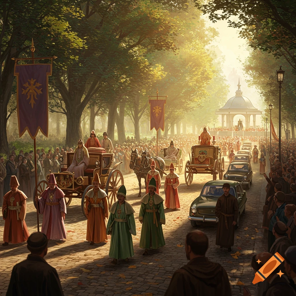 A grand parade with people, horse-drawn carriages, and cars moving down a tree-lined street under golden sunlight, observed by a large crowd.