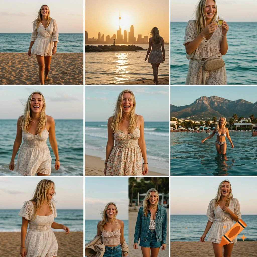 Nine photorealistic photos of a blonde woman enjoying a beach vacation, featuring diverse poses, outfits, and a city skyline at sunset.