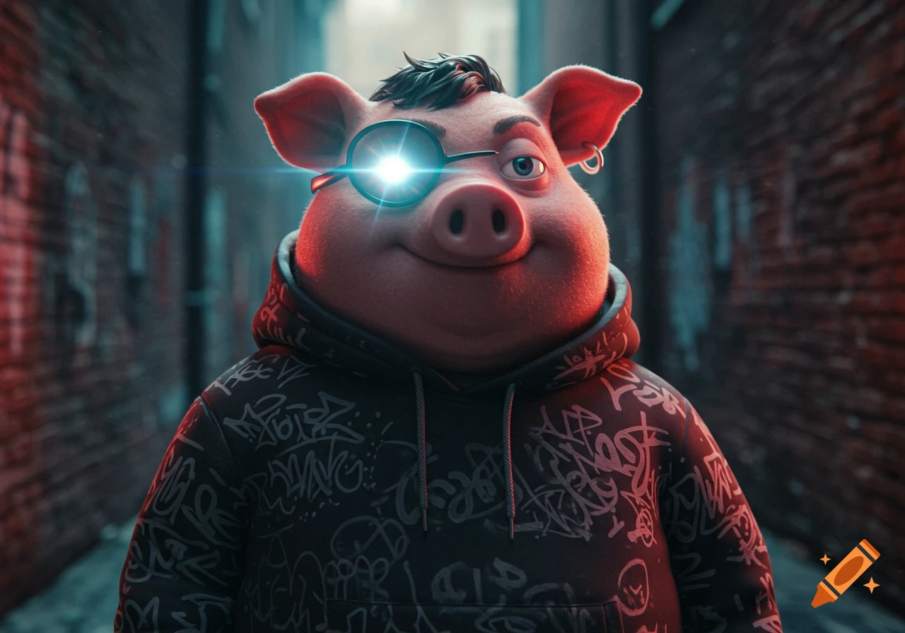 An anthropomorphic pig wearing a black graffiti-patterned hoodie and a glowing monocle stands in a dark alley.