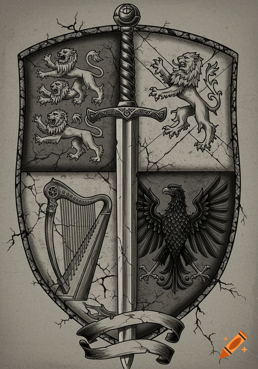Black and white medieval heraldic shield bisected by a sword, featuring lions, a Celtic harp, and a black eagle with cracked textures.